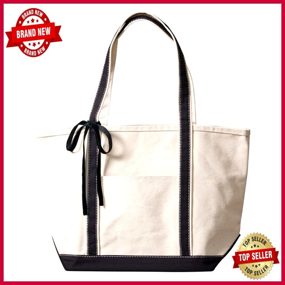Large Canvas Tote Bag with Leather Handles, Exterior Pocket, Unlined